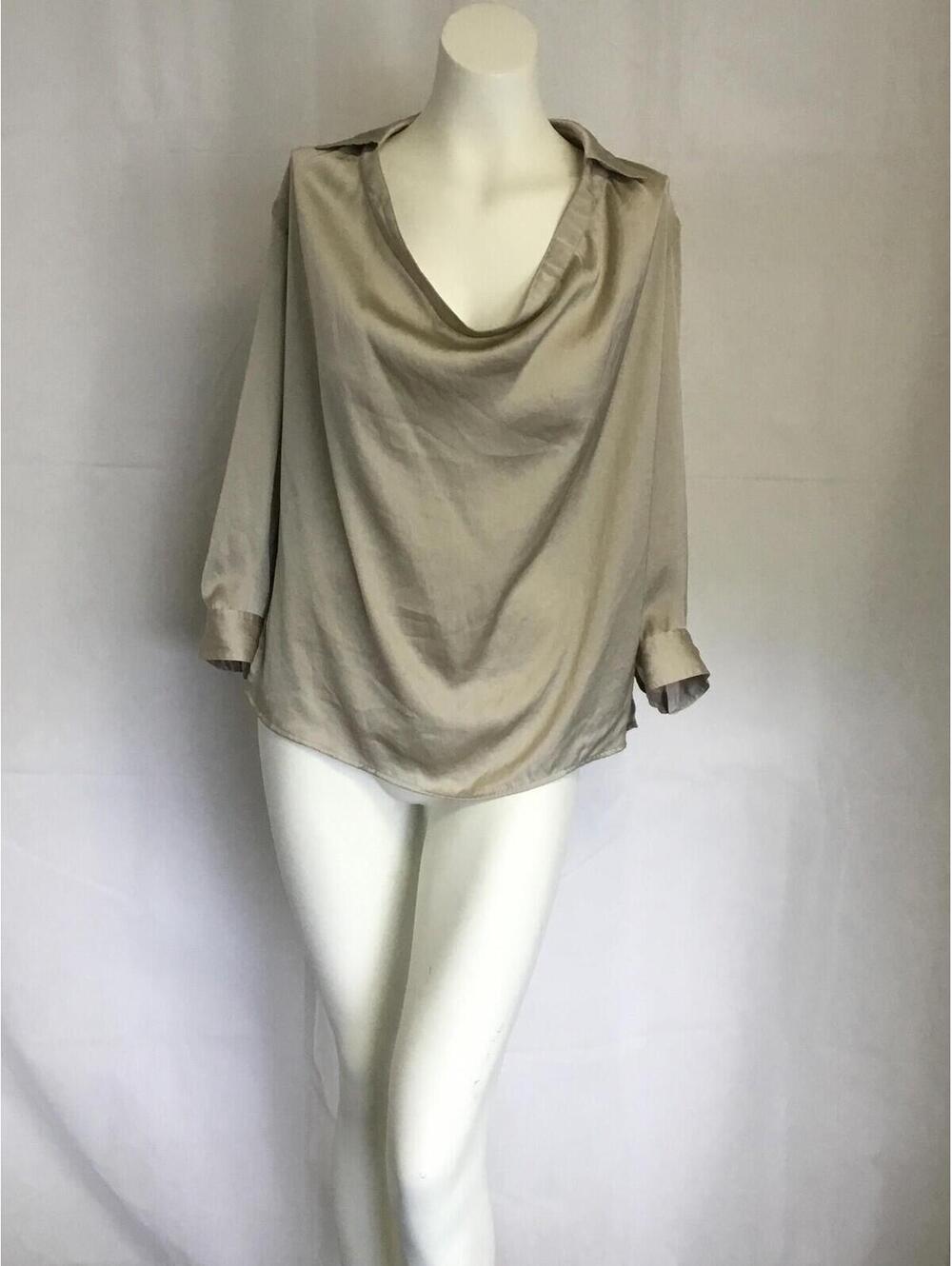 [393]Vince Blouse Womens 6 Beige Satin Cowl Neck 3/4 Roll Tab Sleeve Top Relaxed